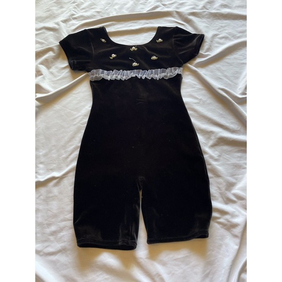JACQUES MORET Designer Leotard Girls L 10/12 Black Velvet Roses Shorts 80s - Picture 4 of 9